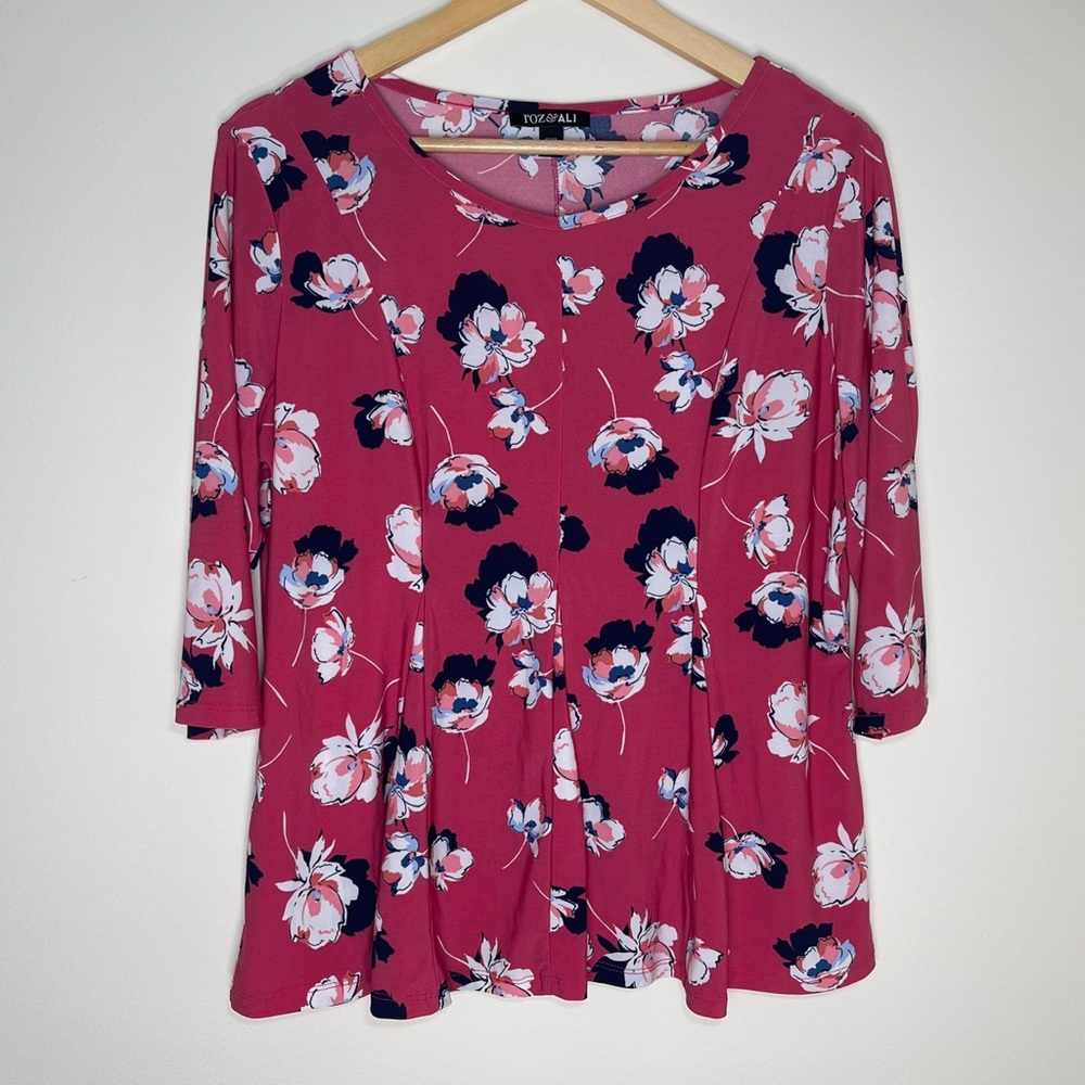 Roz & Ali | Pink Floral 3/4 Length Sleeve Peplum Blouse | PXL